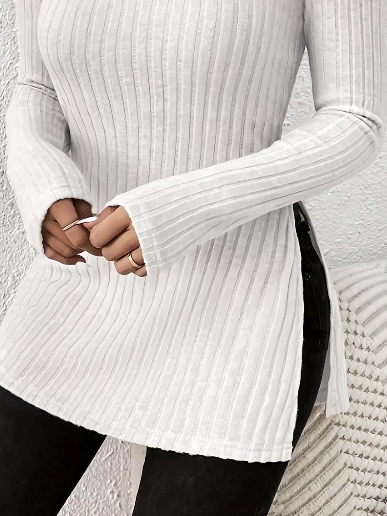 Plus Size Slit Ribbed Turtleneck Long Sleeve T-Shirt - Godess beauty 