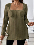 Plus Size Square Neck Long Sleeve Top - Godess beauty 