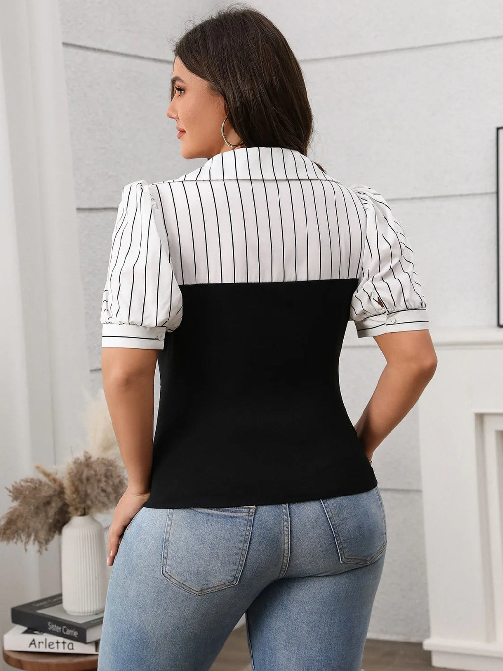 Plus Size Striped Johnny Collar Short Sleeve Blouse - Godess beauty 