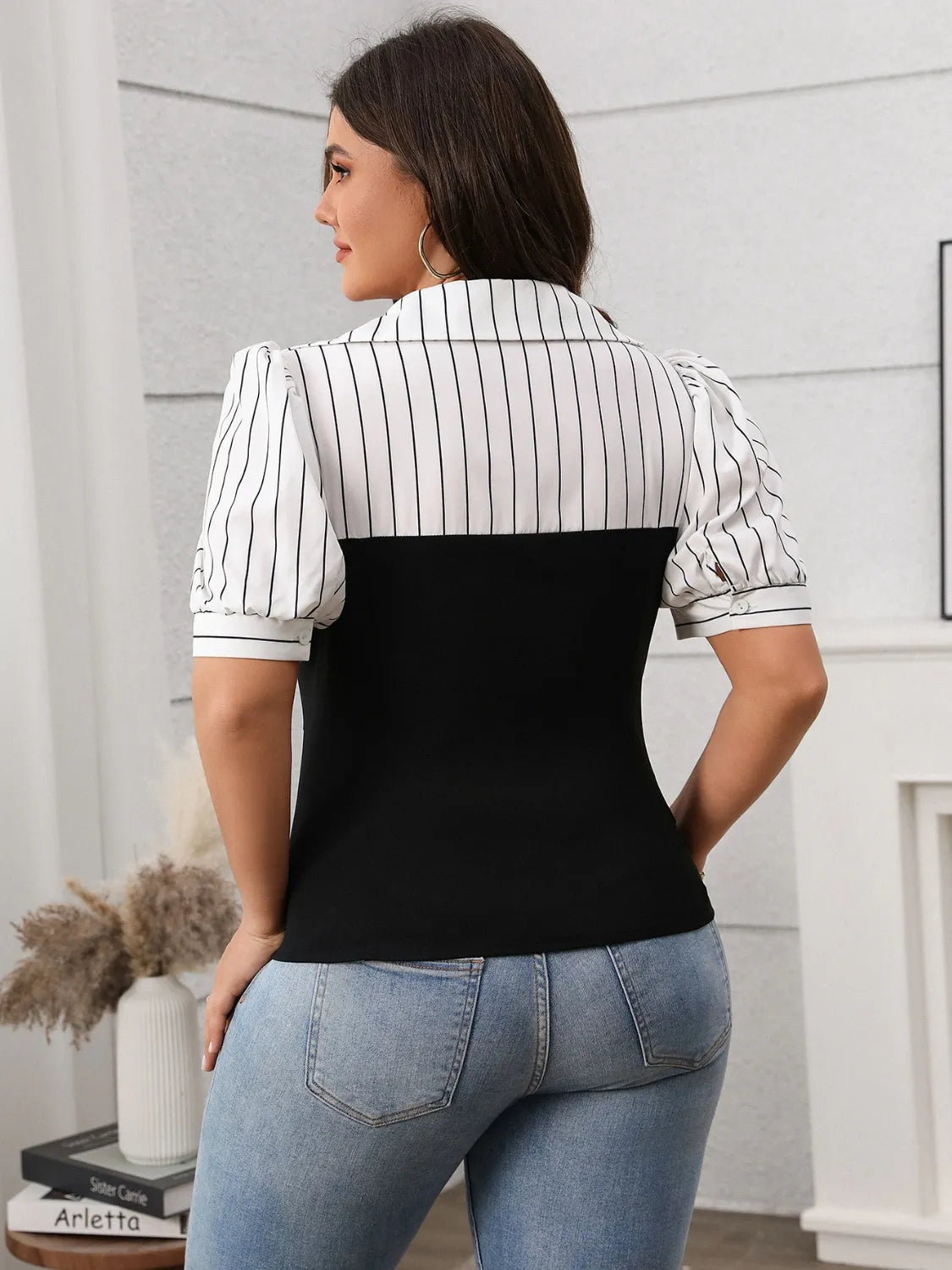 Plus Size Striped Johnny Collar Short Sleeve Blouse - Godess beauty 