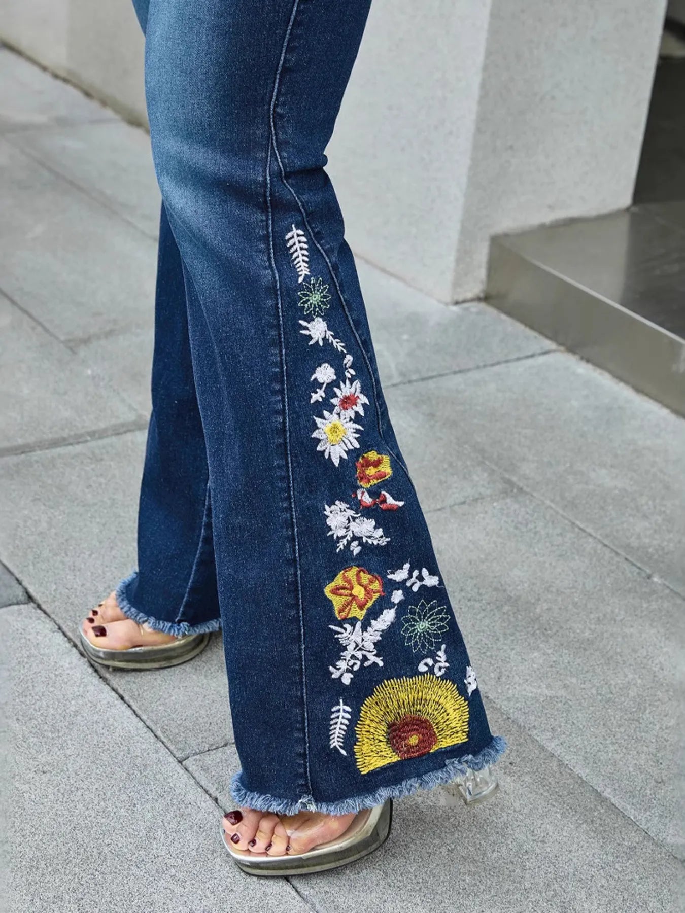 Raw Hem Embroidered High Waist Jeans - Godess beauty 