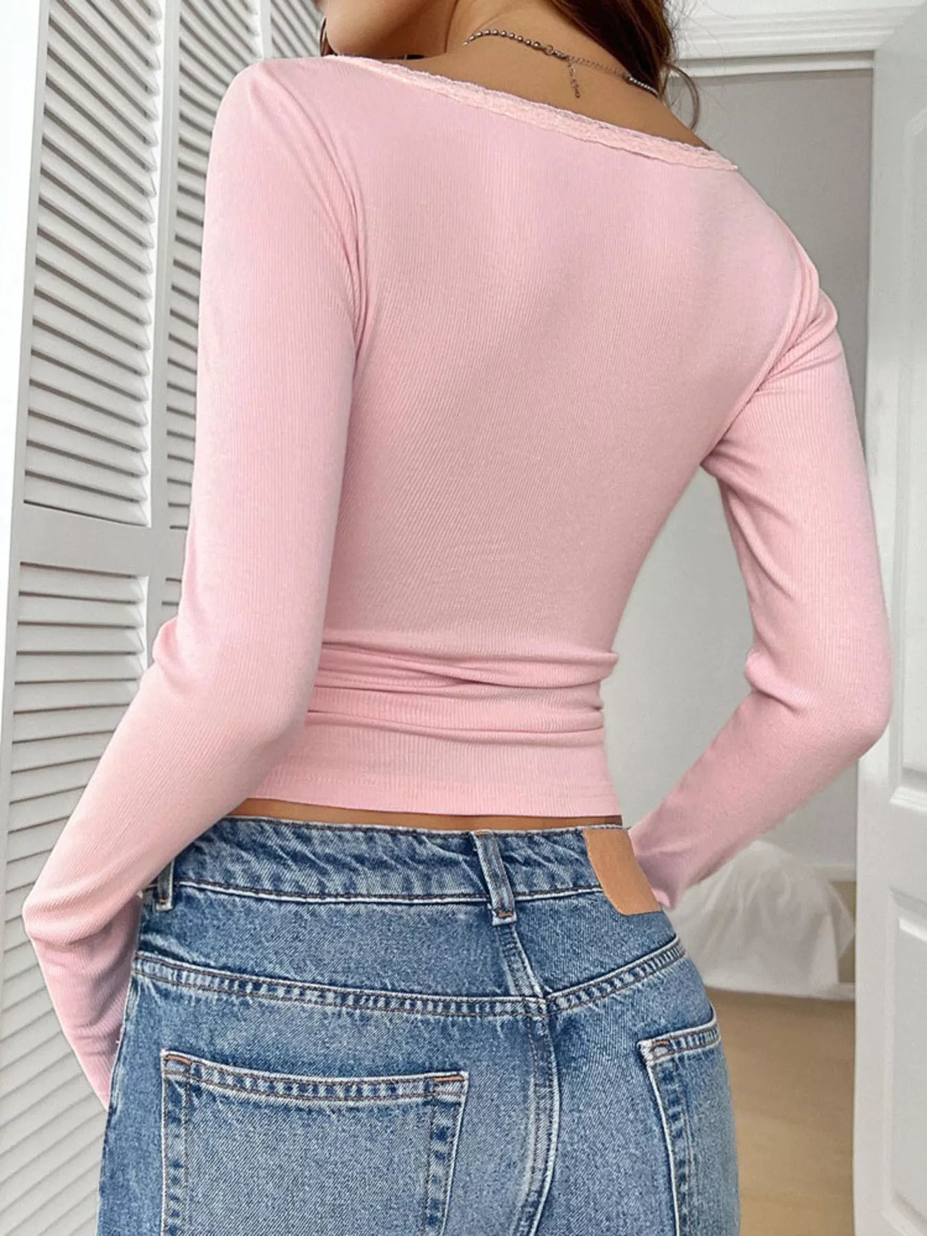 Ribbed Knit Lace Trim Long Sleeve T-Shirt - Godess beauty 