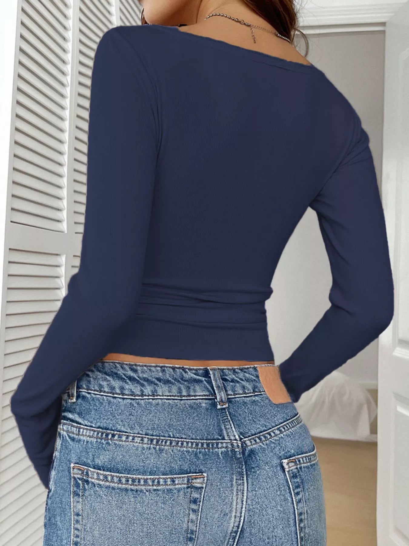 Ribbed Knit Lace Trim Long Sleeve T-Shirt - Godess beauty 