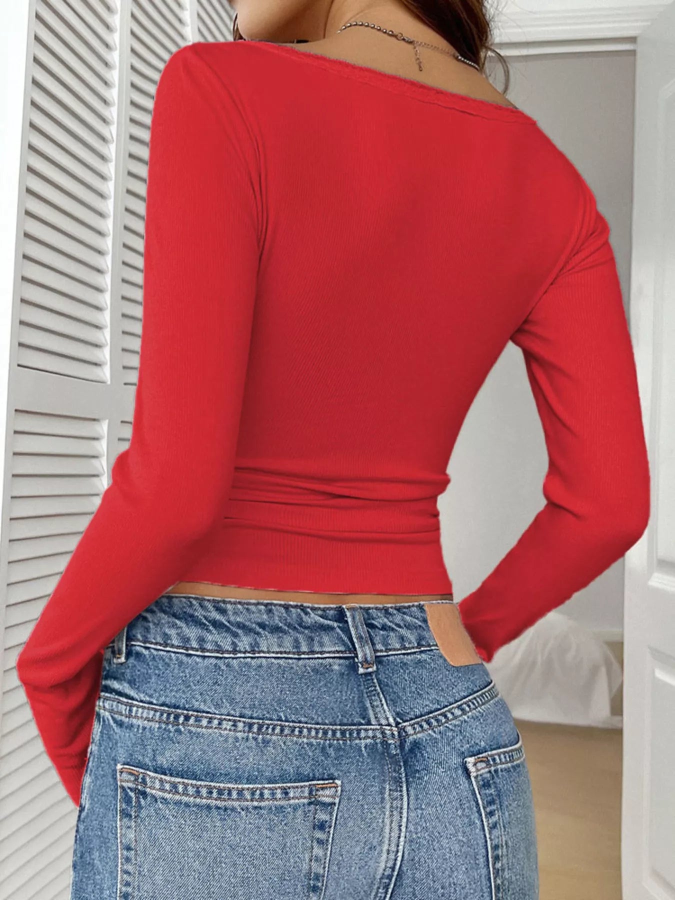 Ribbed Knit Lace Trim Long Sleeve T-Shirt - Godess beauty 