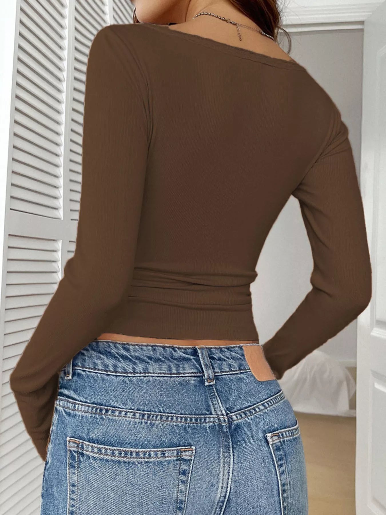 Ribbed Knit Lace Trim Long Sleeve T-Shirt - Godess beauty 