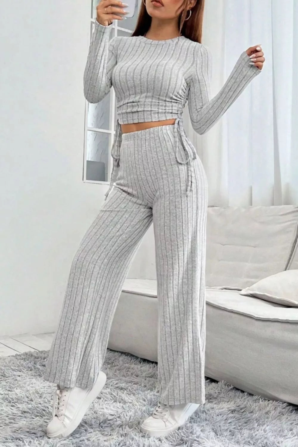 Ribbed Knit Long Sleeve Top & Wide Leg Pants Set - Godess beauty 