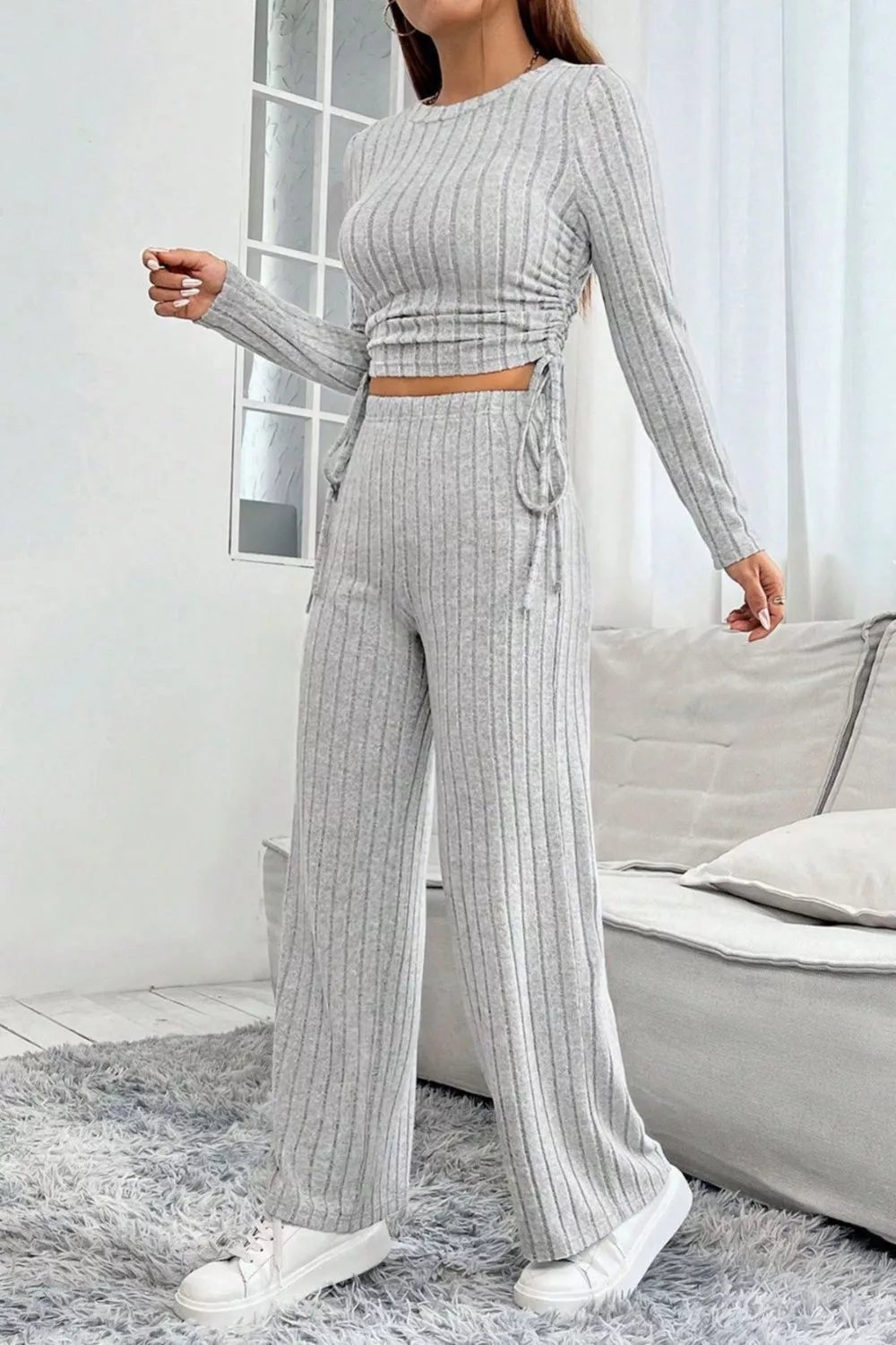 Ribbed Knit Long Sleeve Top & Wide Leg Pants Set - Godess beauty 