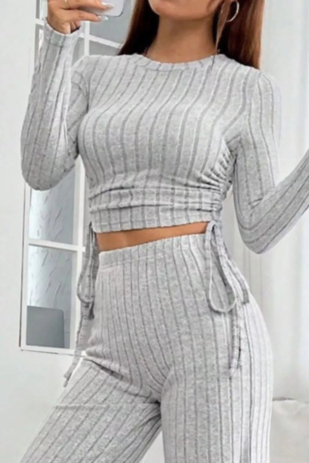 Ribbed Knit Long Sleeve Top & Wide Leg Pants Set - Godess beauty 