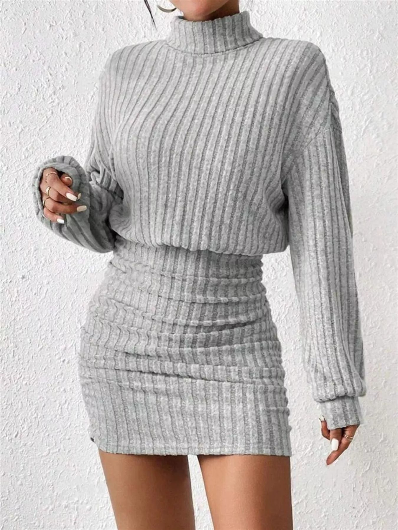 Ribbed Knit Turtleneck Bodycon Mini Dress - Godess beauty 