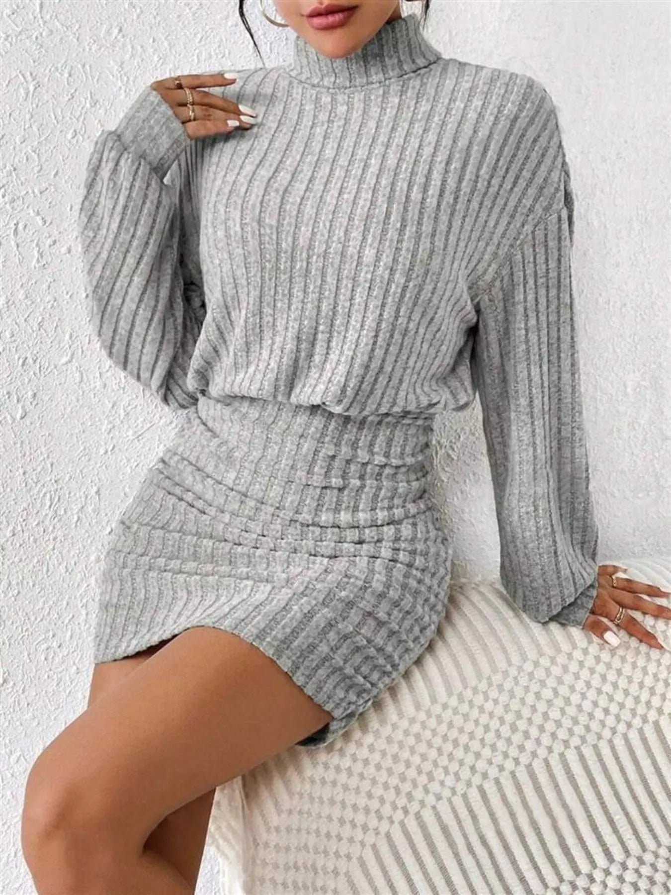 Ribbed Knit Turtleneck Bodycon Mini Dress - Godess beauty 