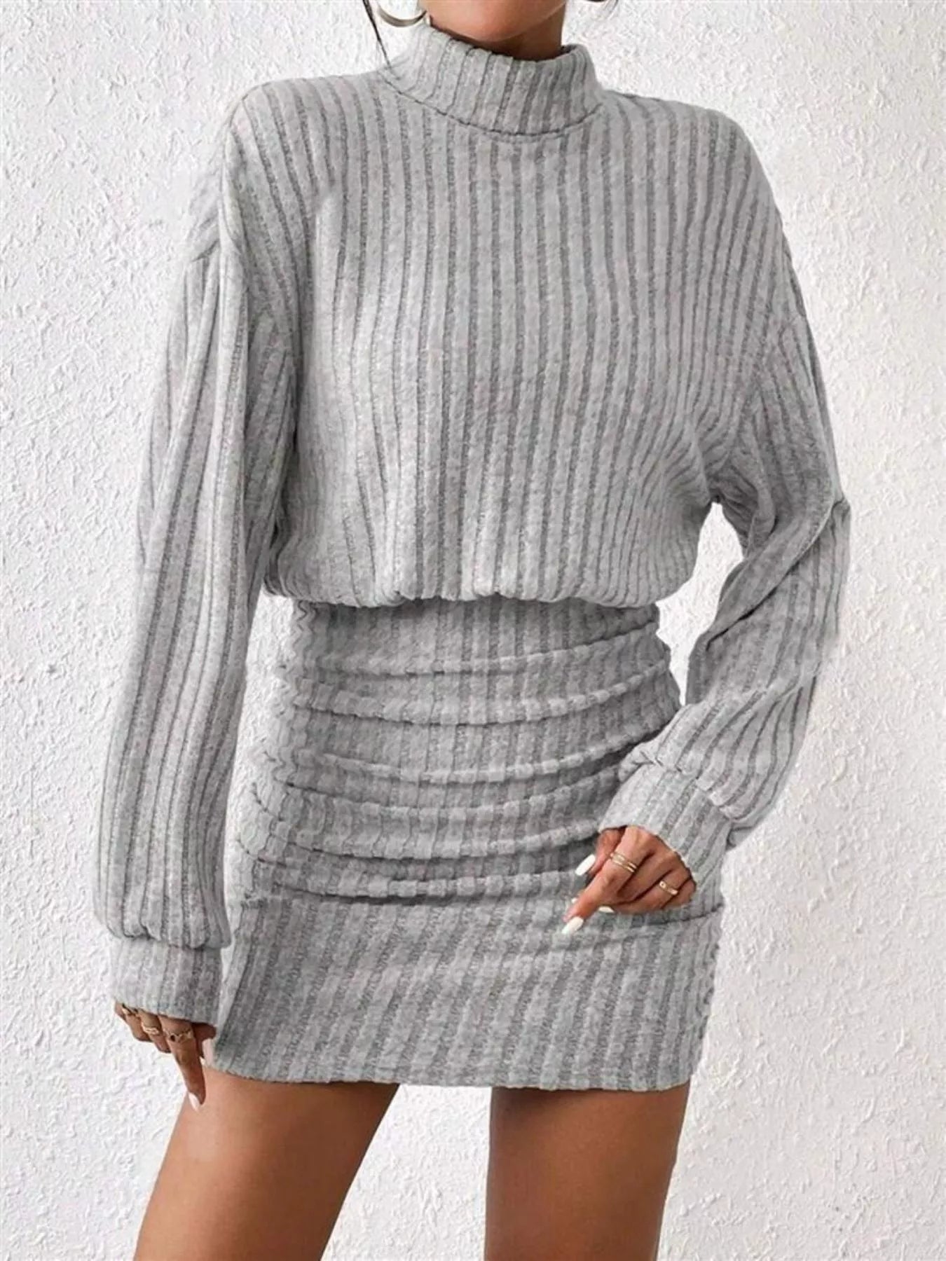 Ribbed Knit Turtleneck Bodycon Mini Dress - Godess beauty 