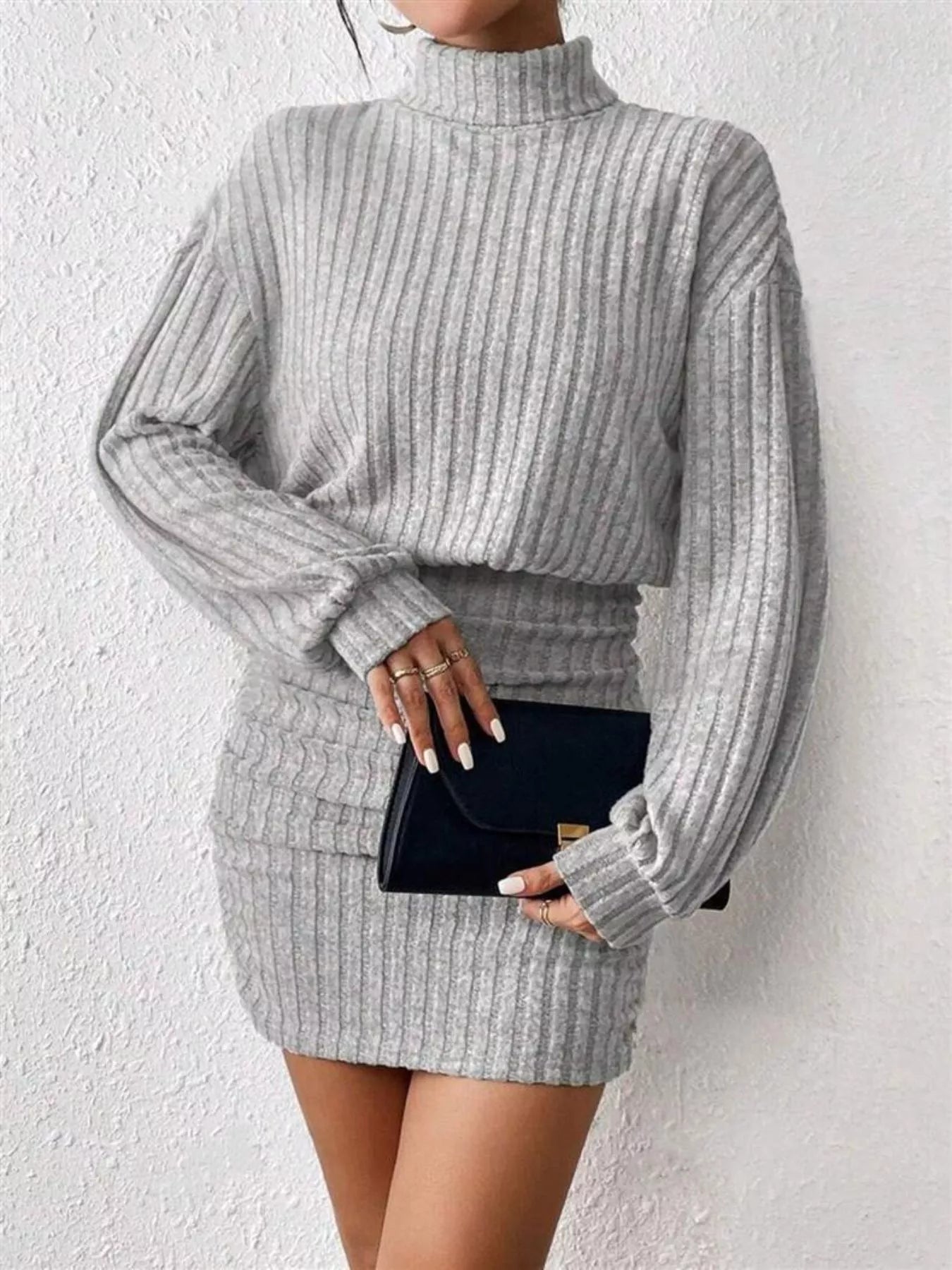 Ribbed Knit Turtleneck Bodycon Mini Dress - Godess beauty 