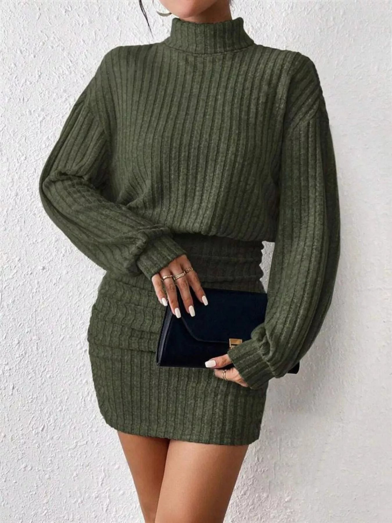 Ribbed Knit Turtleneck Bodycon Mini Dress - Godess beauty 