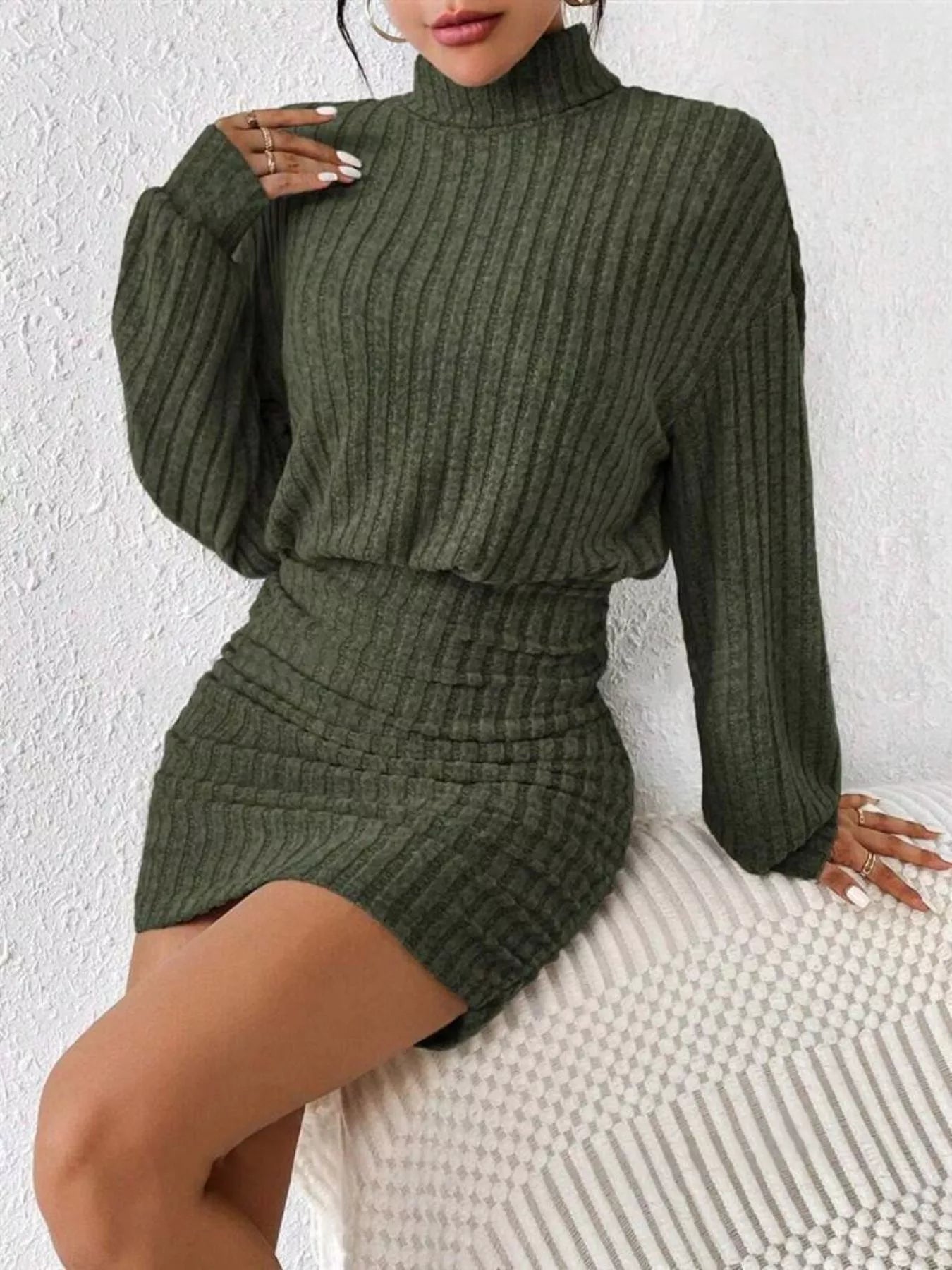 Ribbed Knit Turtleneck Bodycon Mini Dress - Godess beauty 