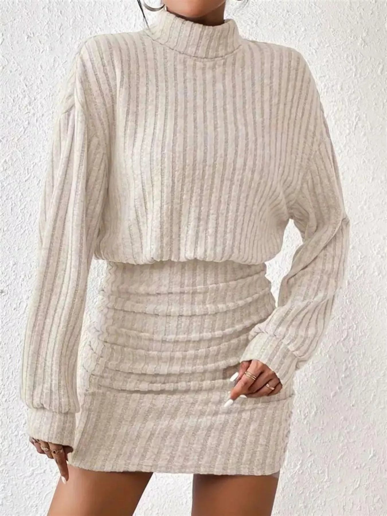 Ribbed Knit Turtleneck Bodycon Mini Dress - Godess beauty 
