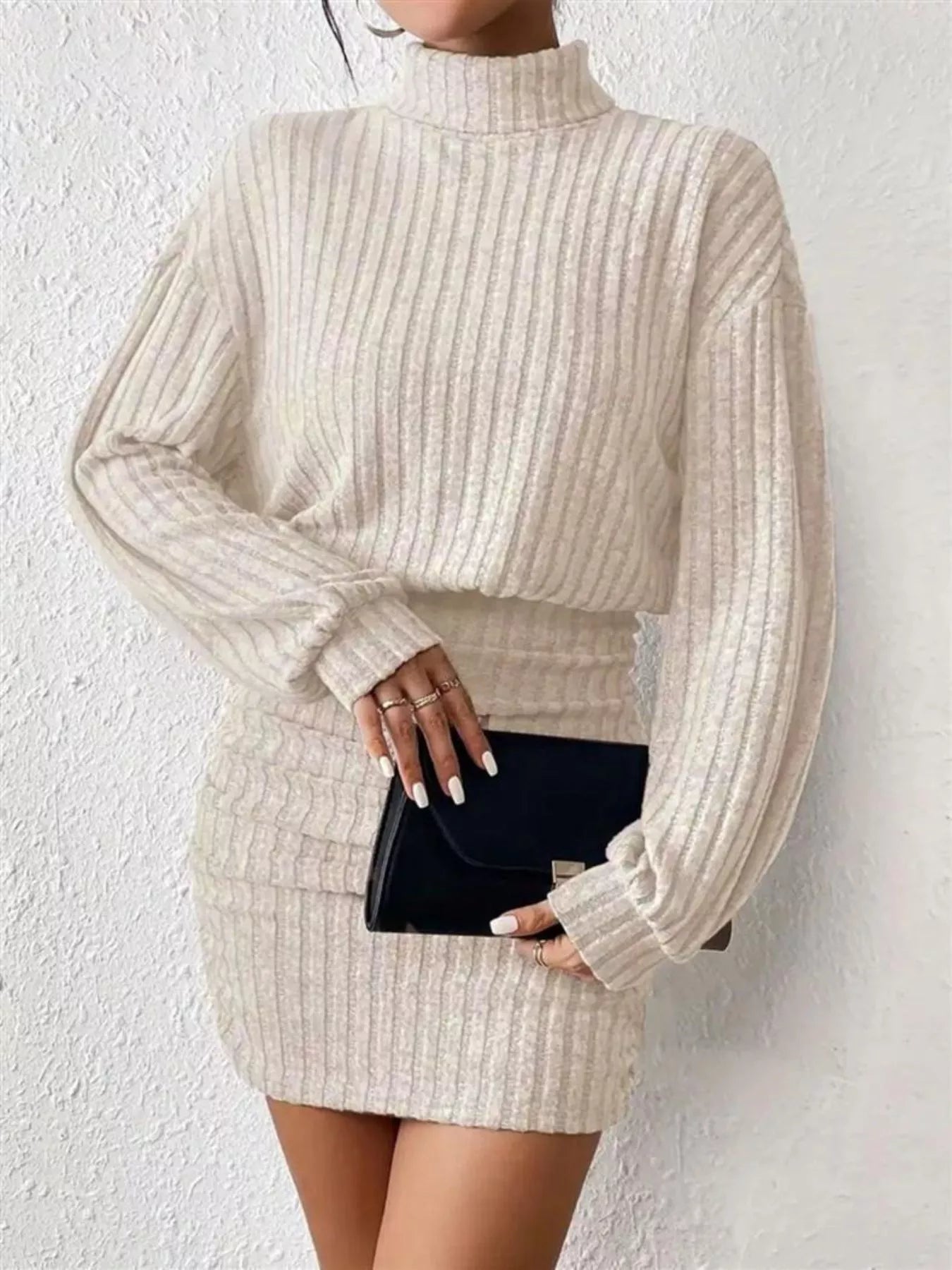 Ribbed Knit Turtleneck Bodycon Mini Dress - Godess beauty 