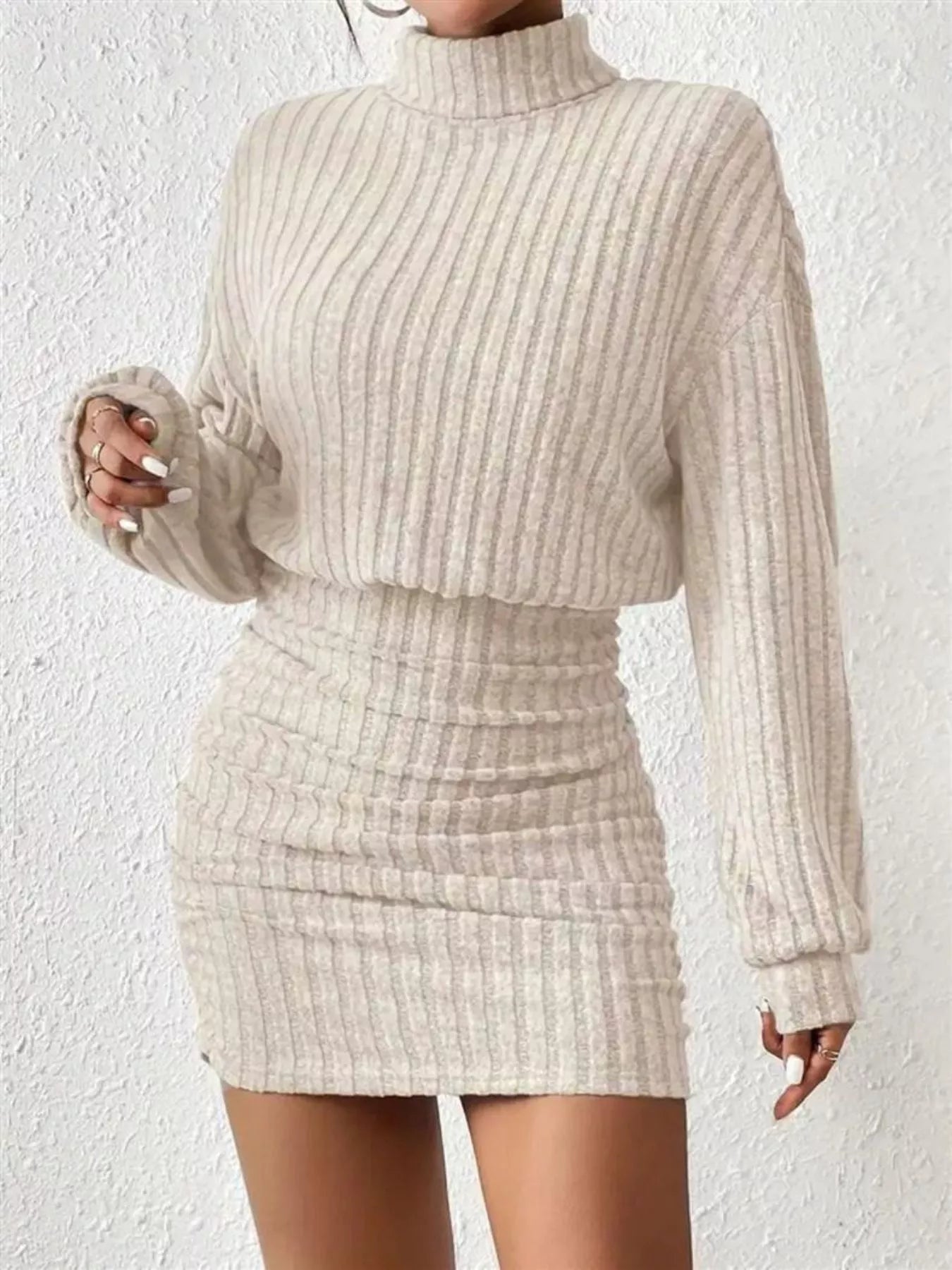 Ribbed Knit Turtleneck Bodycon Mini Dress - Godess beauty 