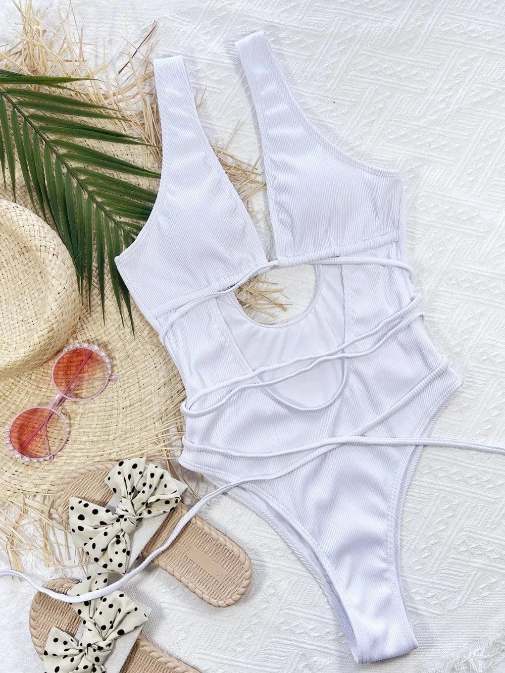 Ribbed Lace Up One-Piece Swimsuit - Godess beauty 