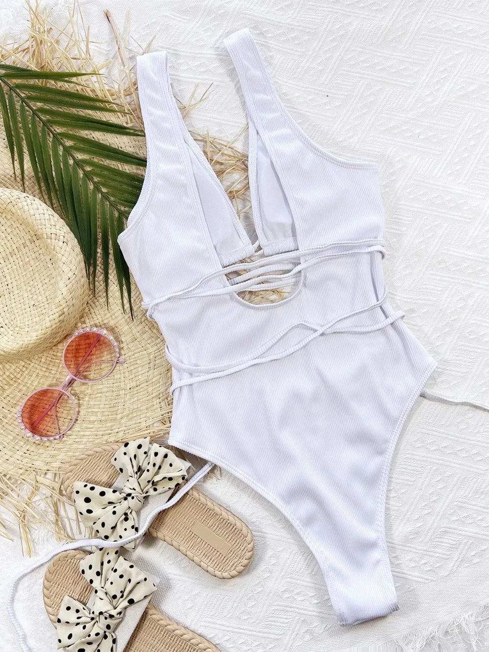 Ribbed Lace Up One-Piece Swimsuit - Godess beauty 