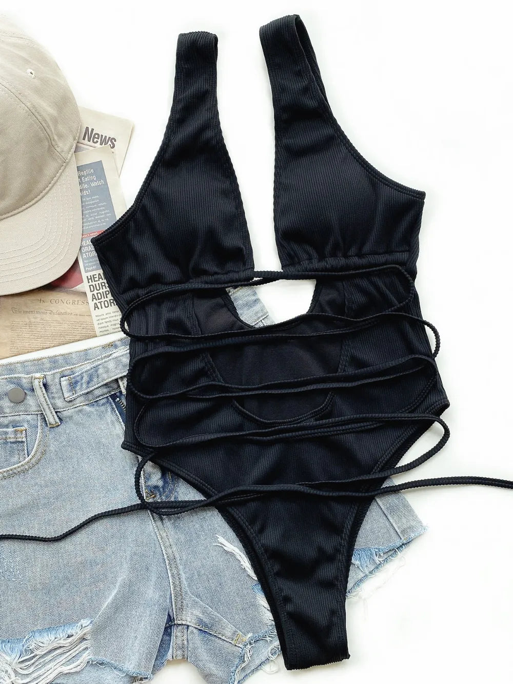 Ribbed Lace Up One-Piece Swimsuit - Godess beauty 