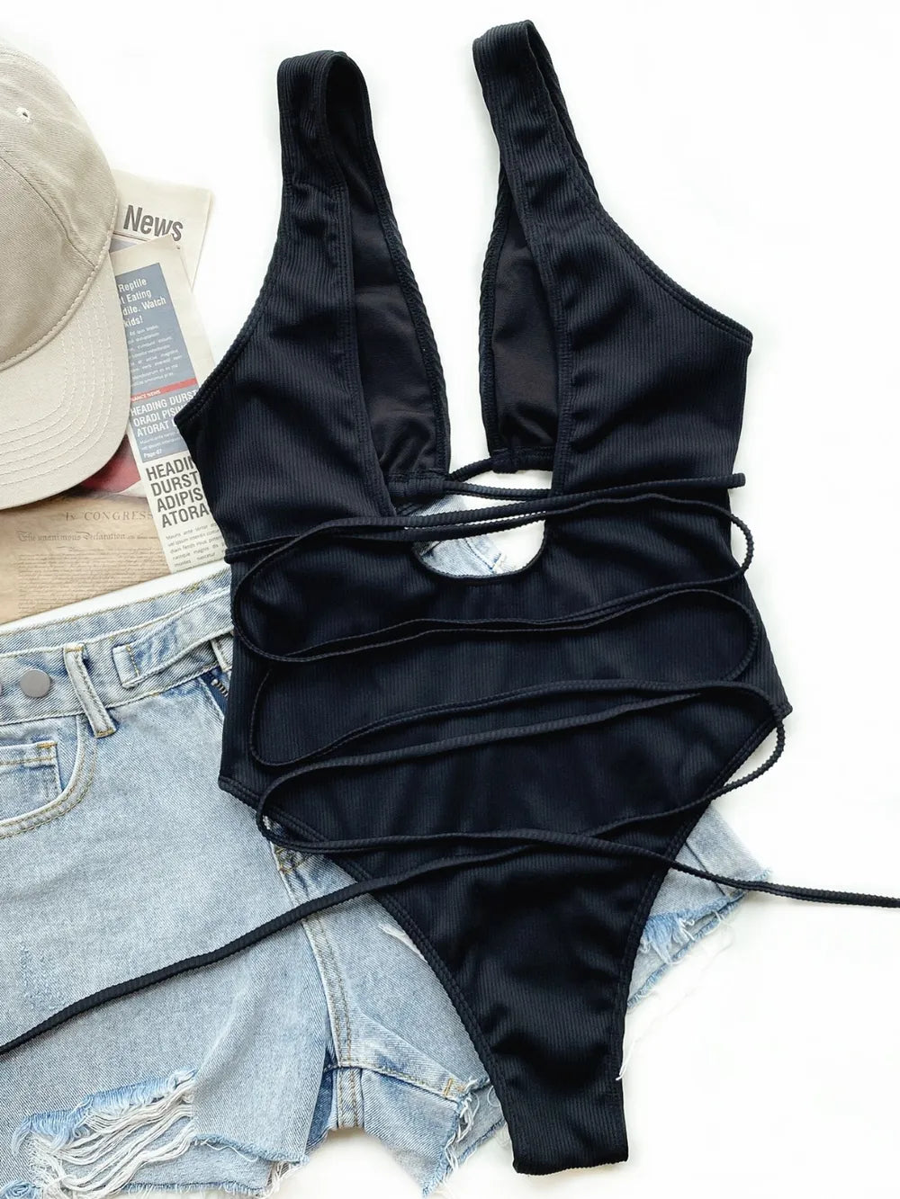 Ribbed Lace Up One-Piece Swimsuit - Godess beauty 