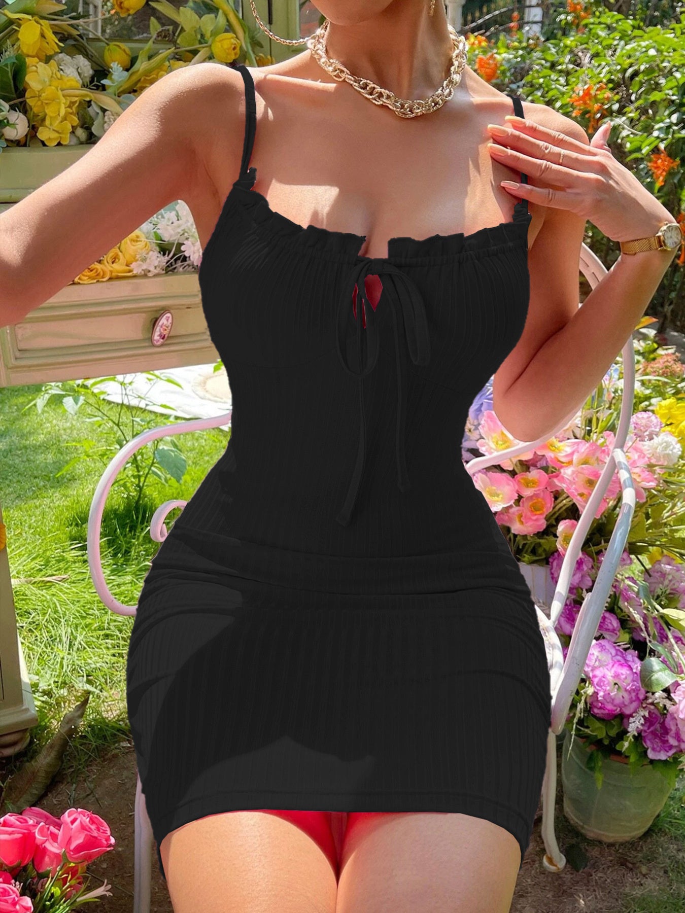 Ribbed knit tie-front bodycon mini dress - Godess beauty 