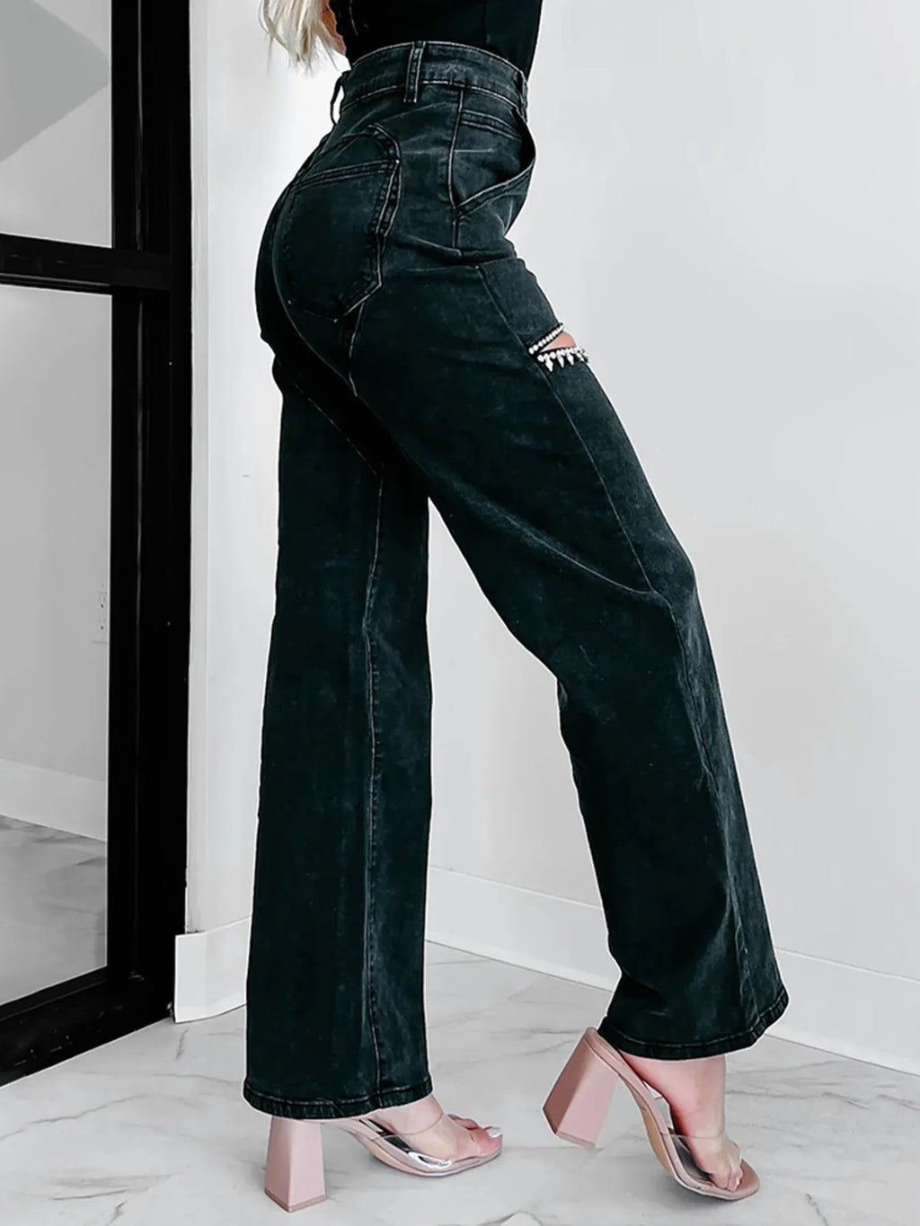 Ripped Wide Leg Wash Denim Jeans - Godess beauty 