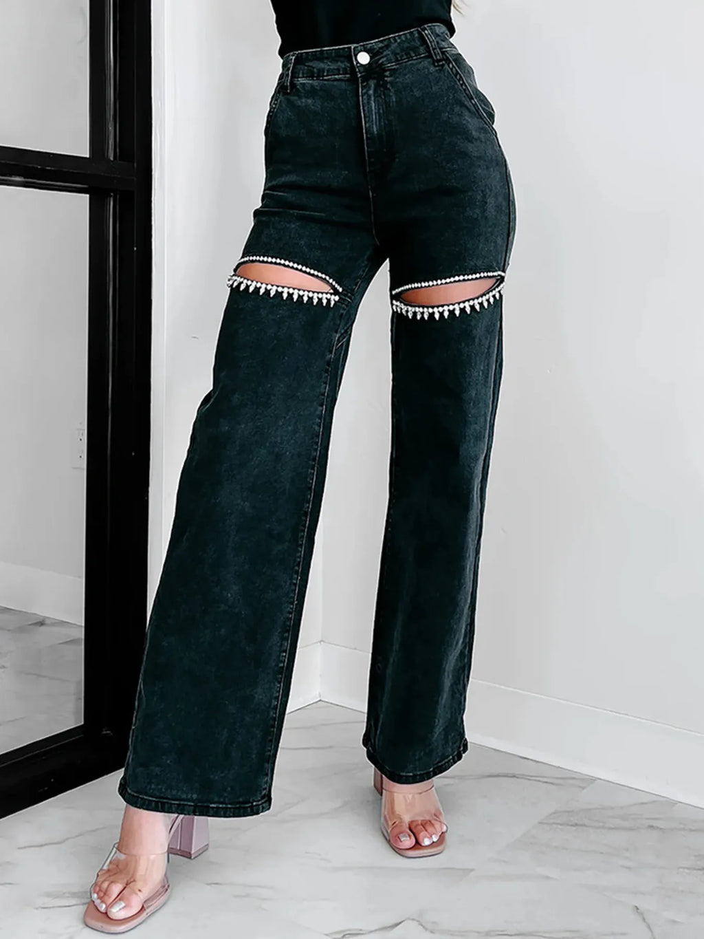 Ripped Wide Leg Wash Denim Jeans - Godess beauty 