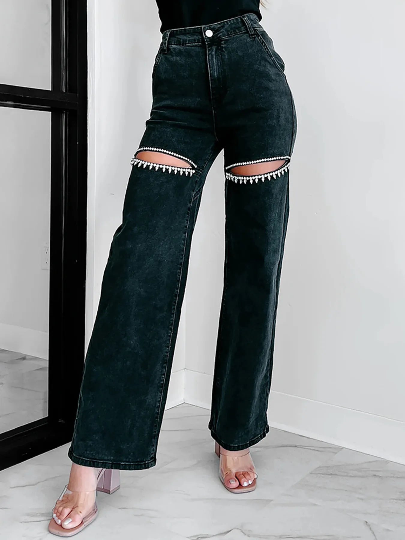 Ripped Wide Leg Wash Denim Jeans - Godess beauty 
