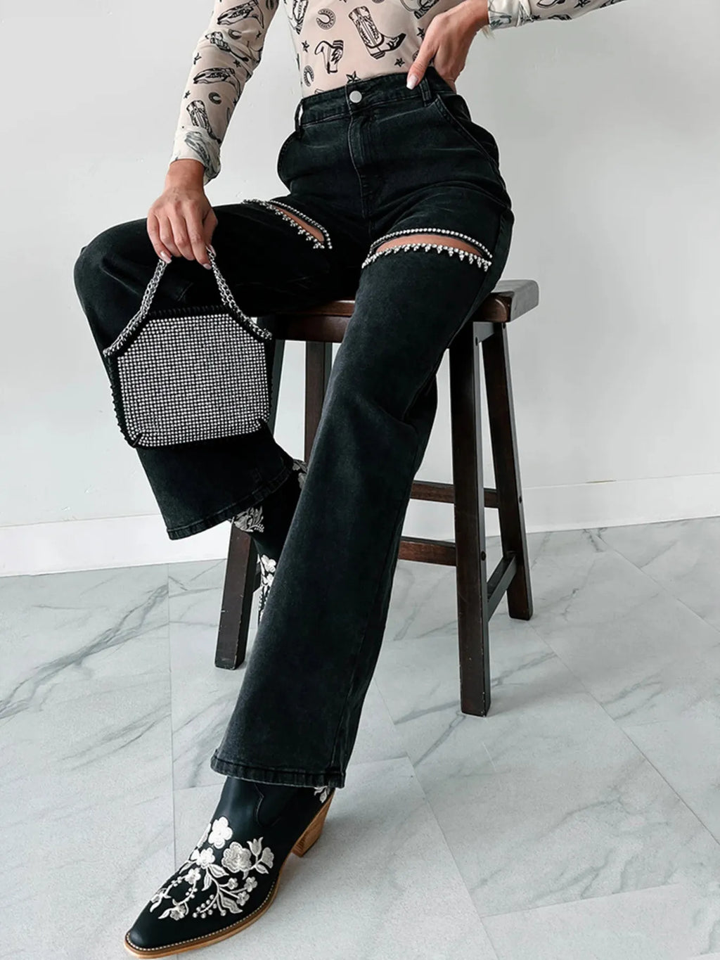 Ripped Wide Leg Wash Denim Jeans - Godess beauty 