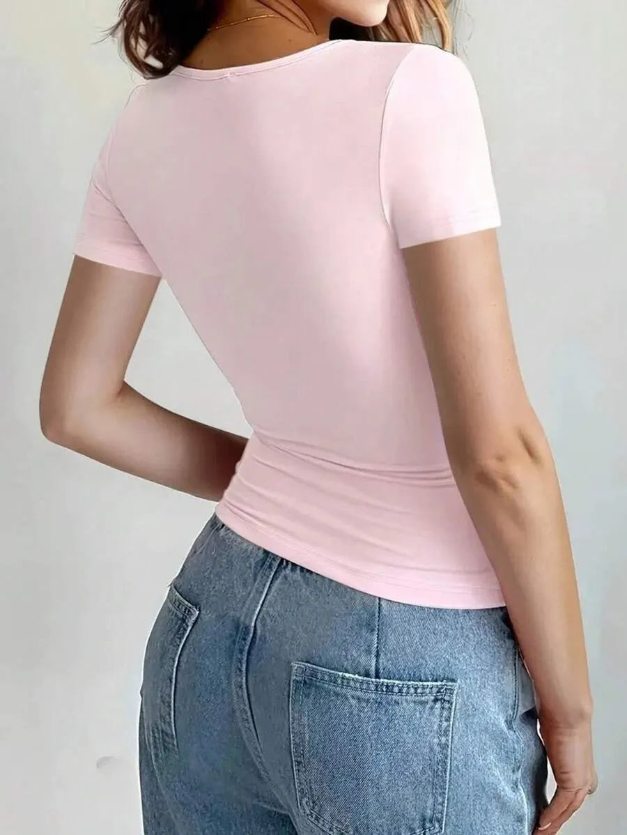 Round Neck Short Sleeve T-Shirt - Godess beauty 