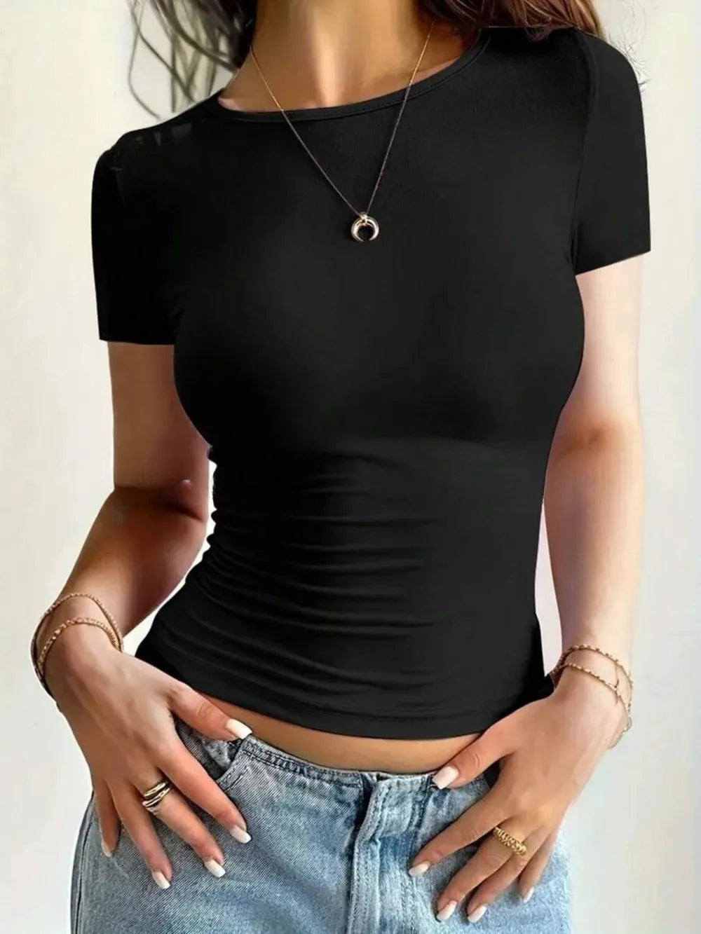 Round Neck Short Sleeve T-Shirt - Godess beauty 