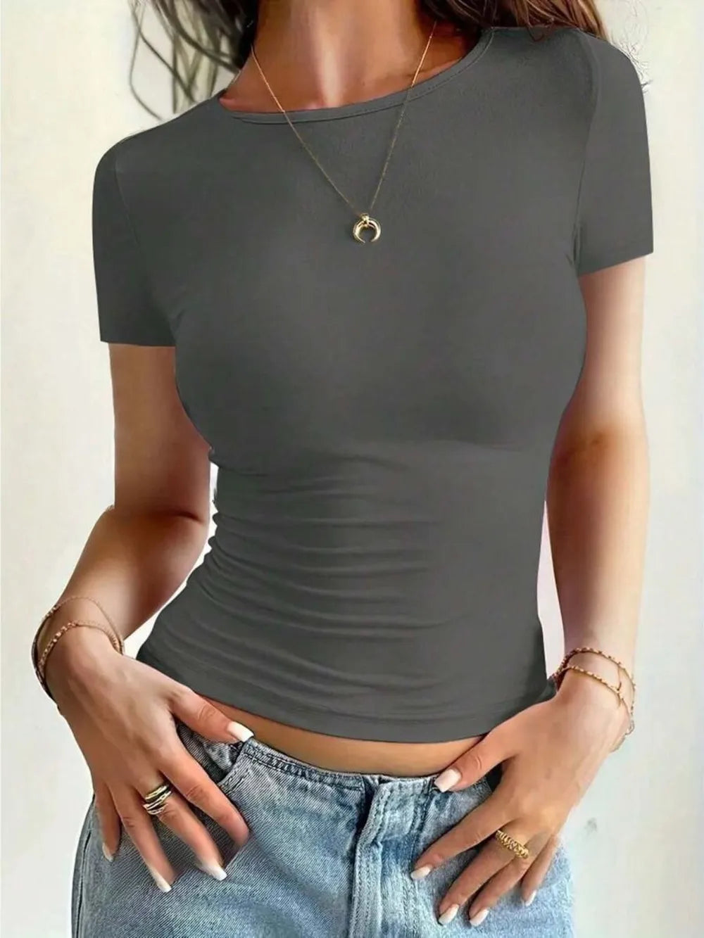 Round Neck Short Sleeve T-Shirt - Godess beauty 