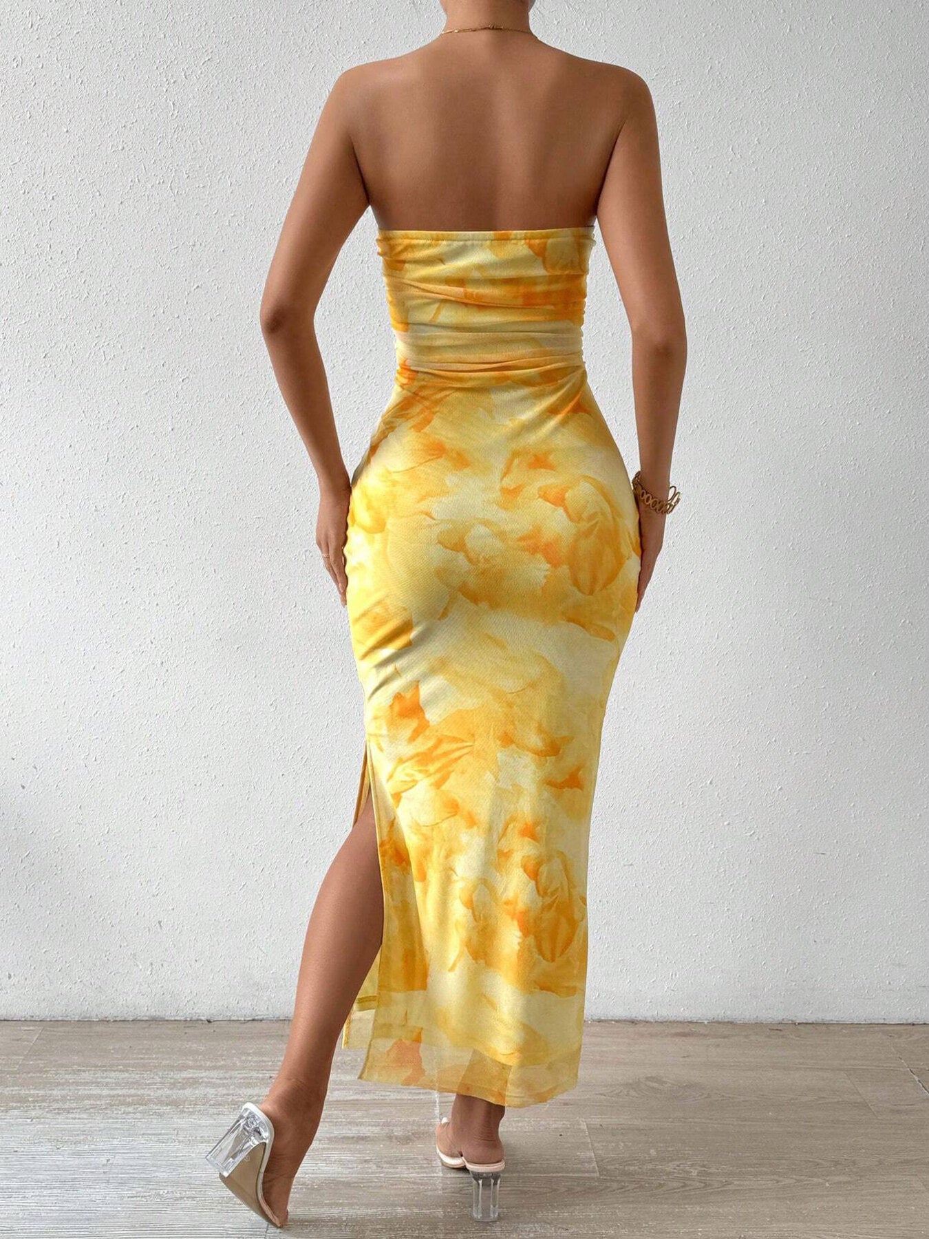 Ruched Strapless Bodycon Midi Dress - Godess beauty 
