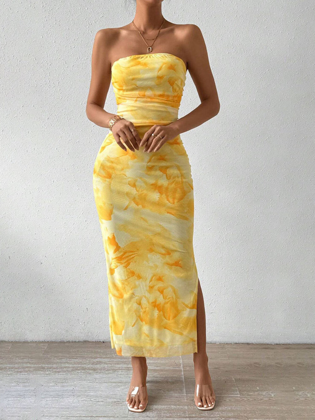 Ruched Strapless Bodycon Midi Dress - Godess beauty 