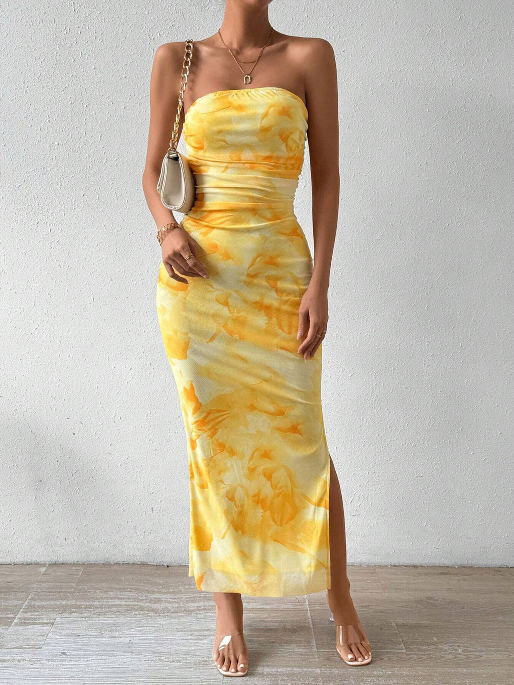 Ruched Strapless Bodycon Midi Dress - Godess beauty 