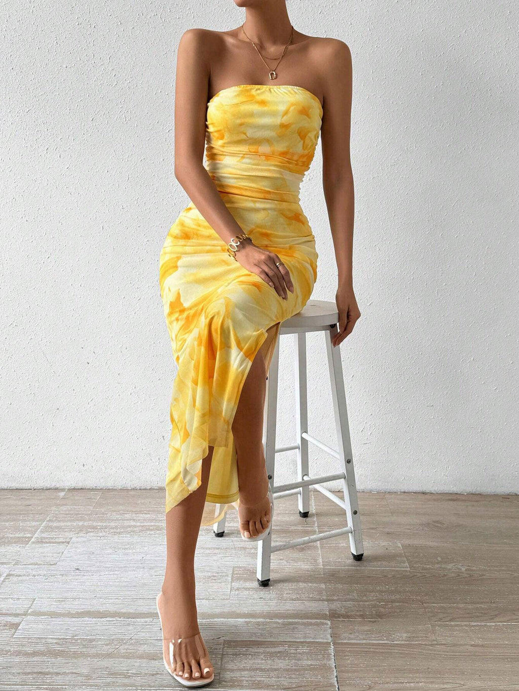 Ruched Strapless Bodycon Midi Dress - Godess beauty 