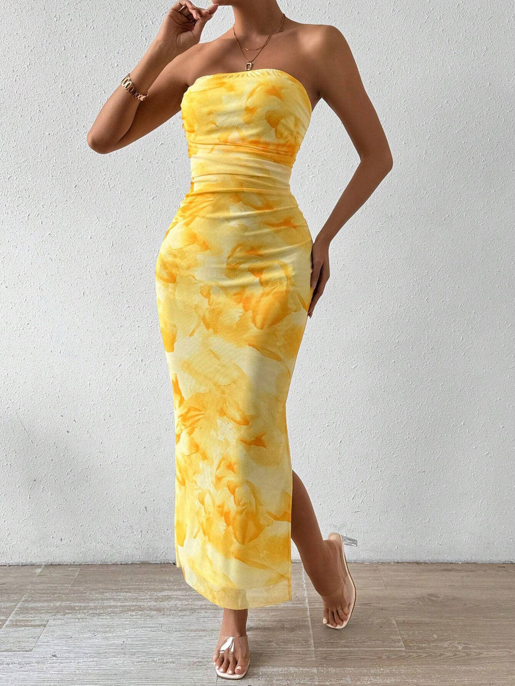 Ruched Strapless Bodycon Midi Dress - Godess beauty 