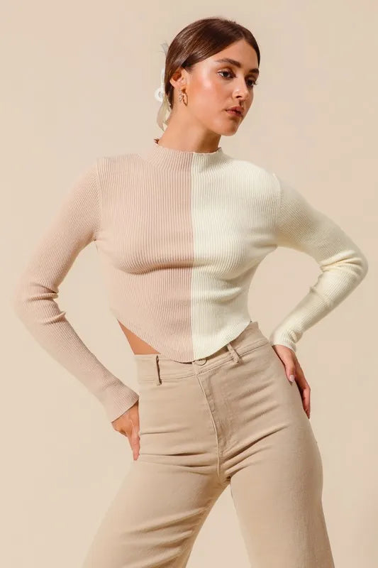 SO ME Color Block Fitted Crop Sweater Top - Godess beauty 