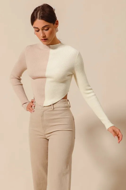 SO ME Color Block Fitted Crop Sweater Top - Godess beauty 