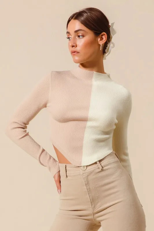 SO ME Color Block Fitted Crop Sweater Top - Godess beauty 