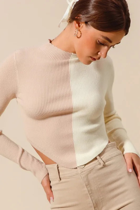 SO ME Color Block Fitted Crop Sweater Top - Godess beauty 