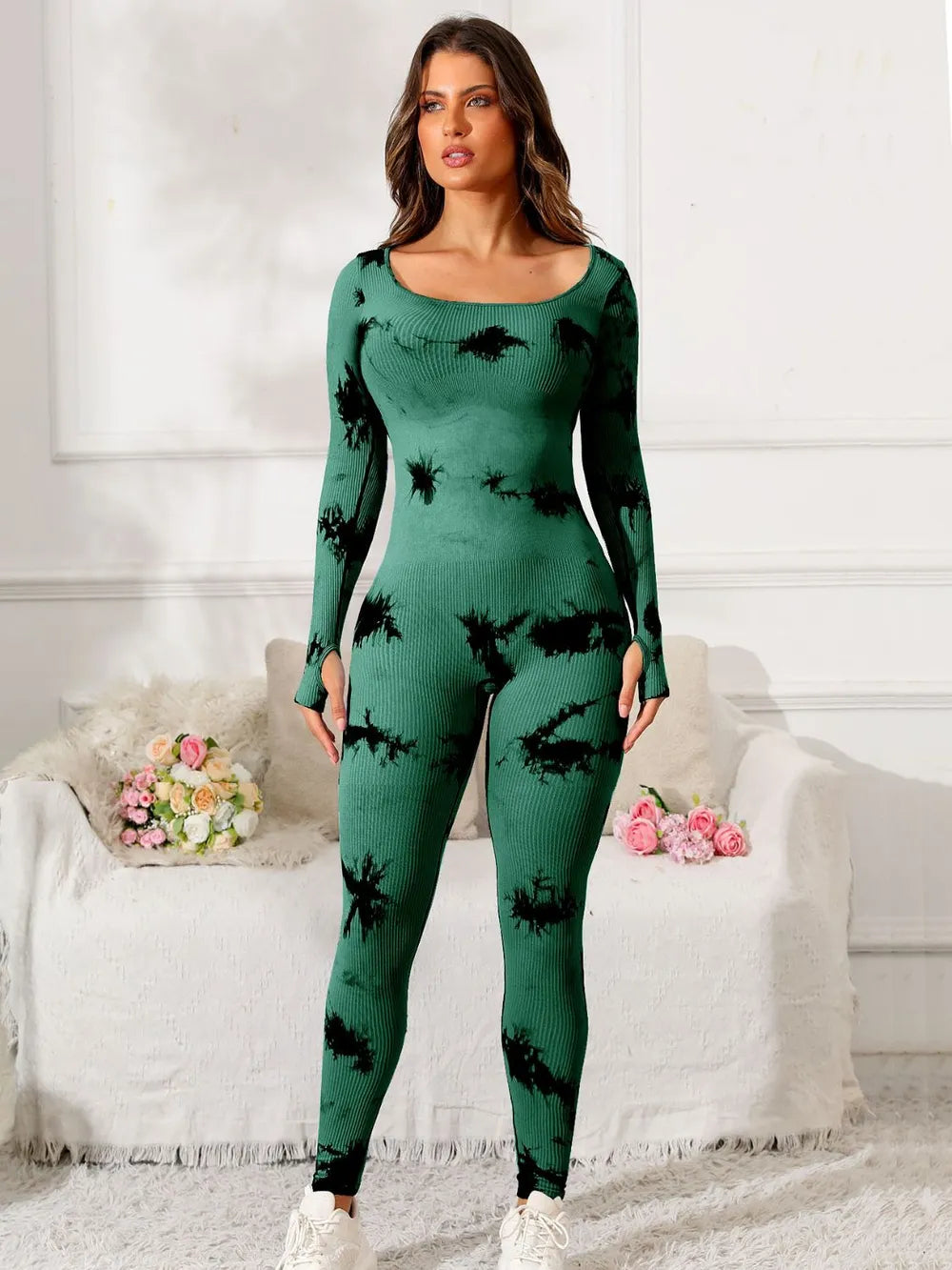 Scoop Neck Long Sleeve Active Jumpsuit - Godess beauty 