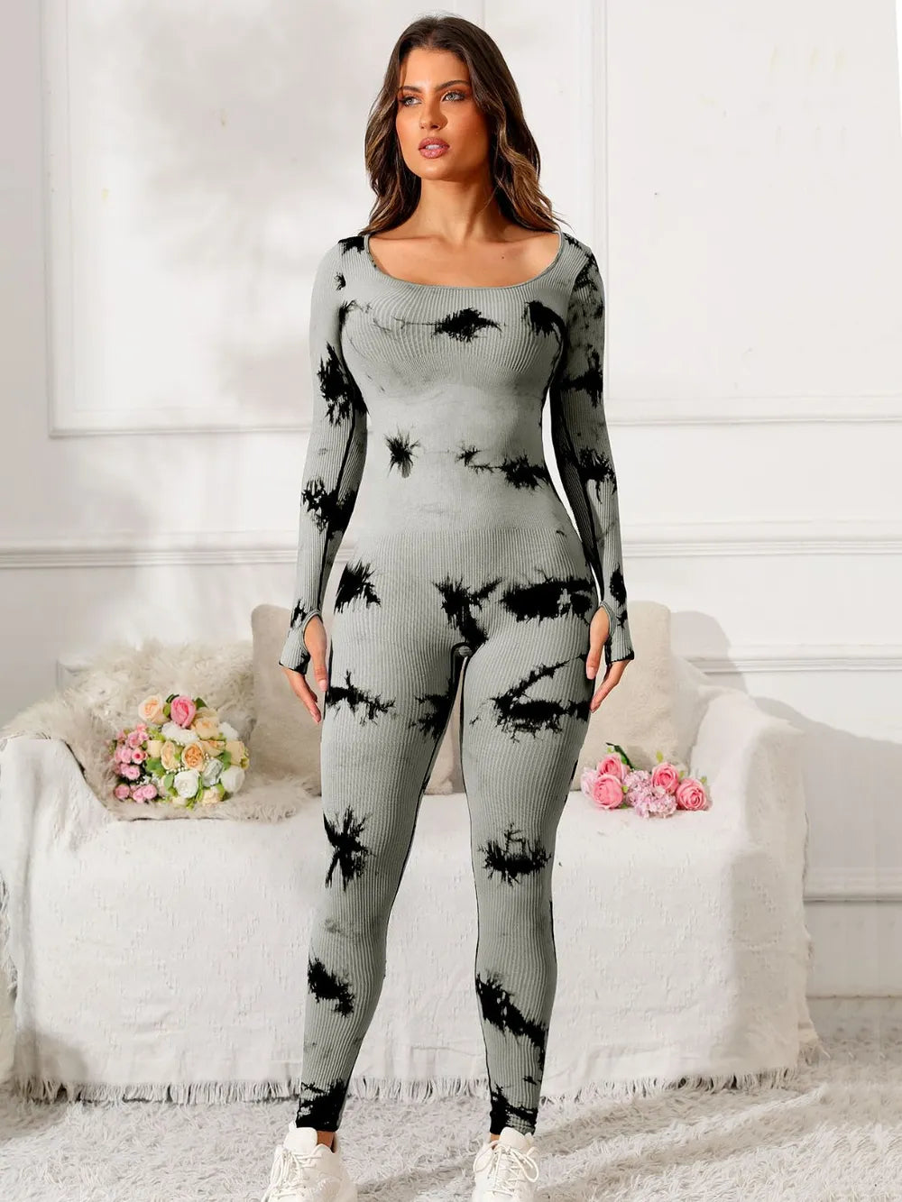 Scoop Neck Long Sleeve Active Jumpsuit - Godess beauty 
