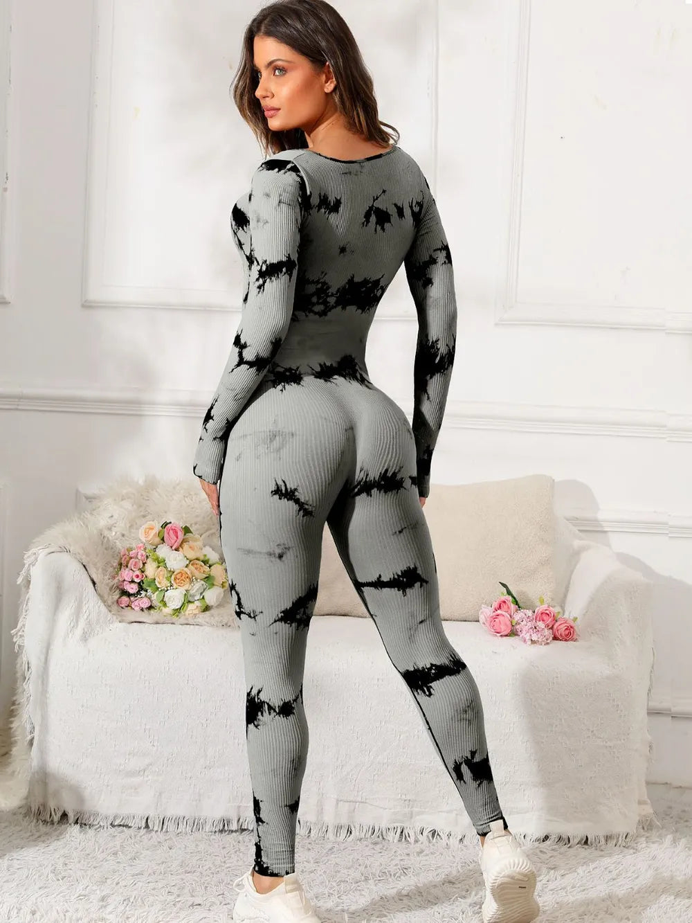 Scoop Neck Long Sleeve Active Jumpsuit - Godess beauty 
