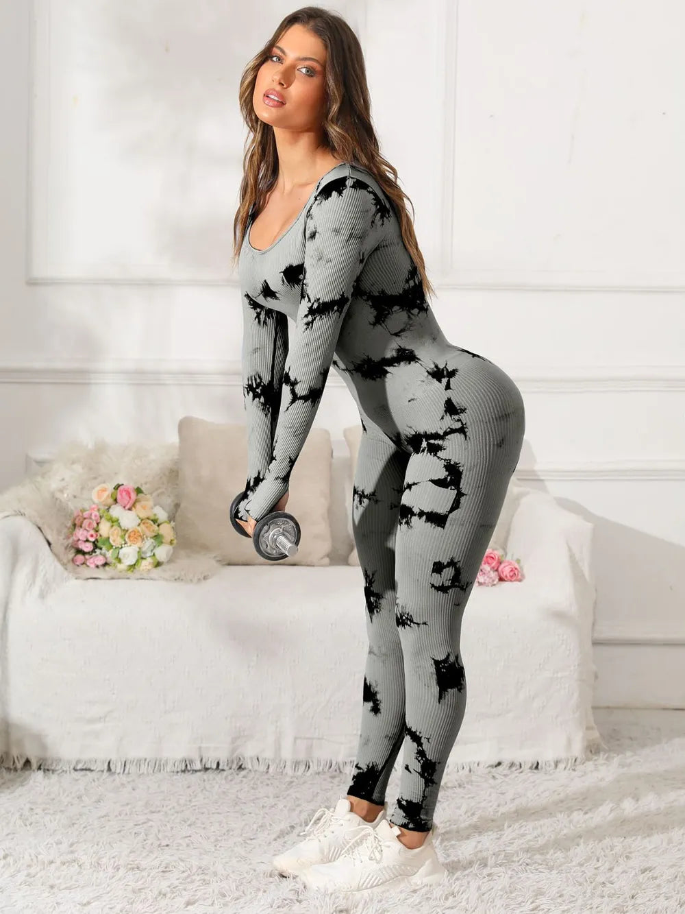 Scoop Neck Long Sleeve Active Jumpsuit - Godess beauty 