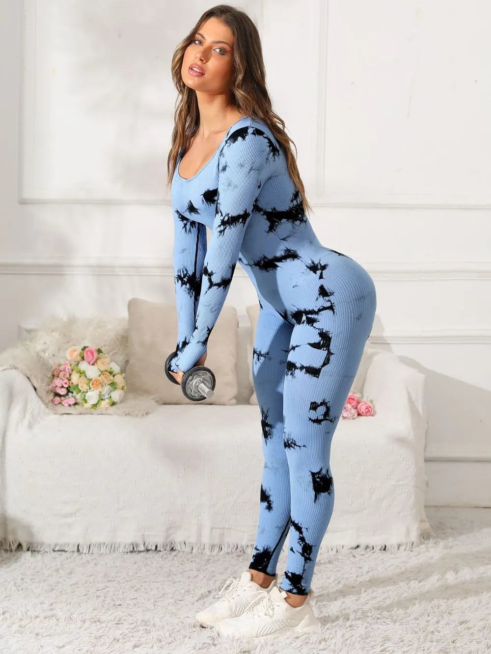 Scoop Neck Long Sleeve Active Jumpsuit - Godess beauty 