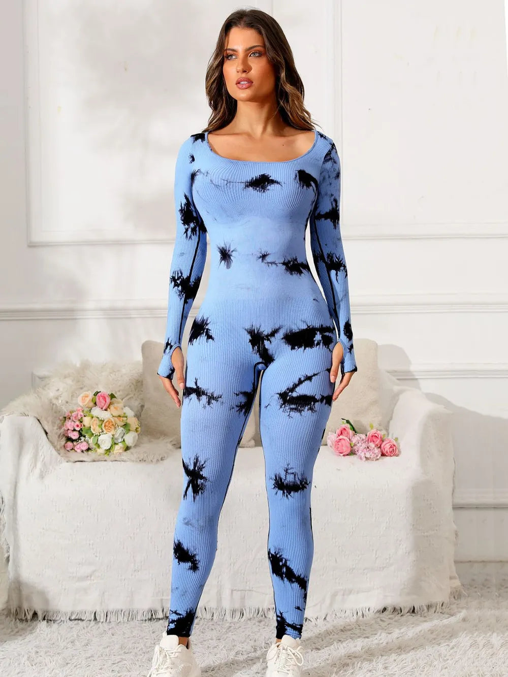 Scoop Neck Long Sleeve Active Jumpsuit - Godess beauty 