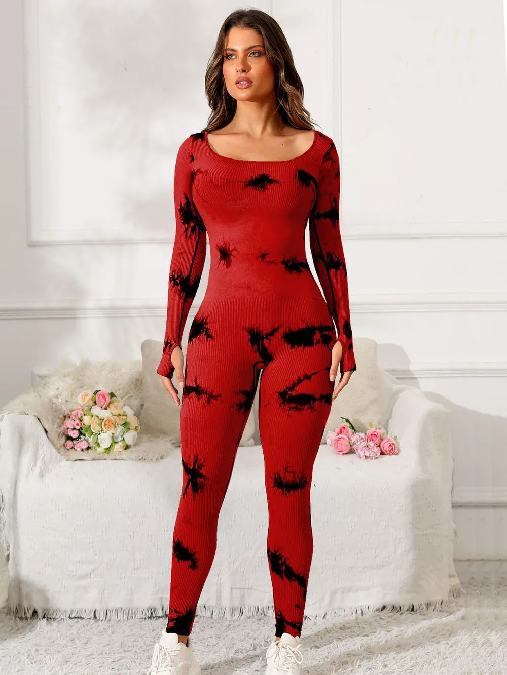 Scoop Neck Long Sleeve Active Jumpsuit - Godess beauty 