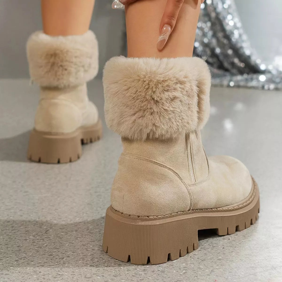 Side Zipper Fuzzy Boots - Godess beauty 